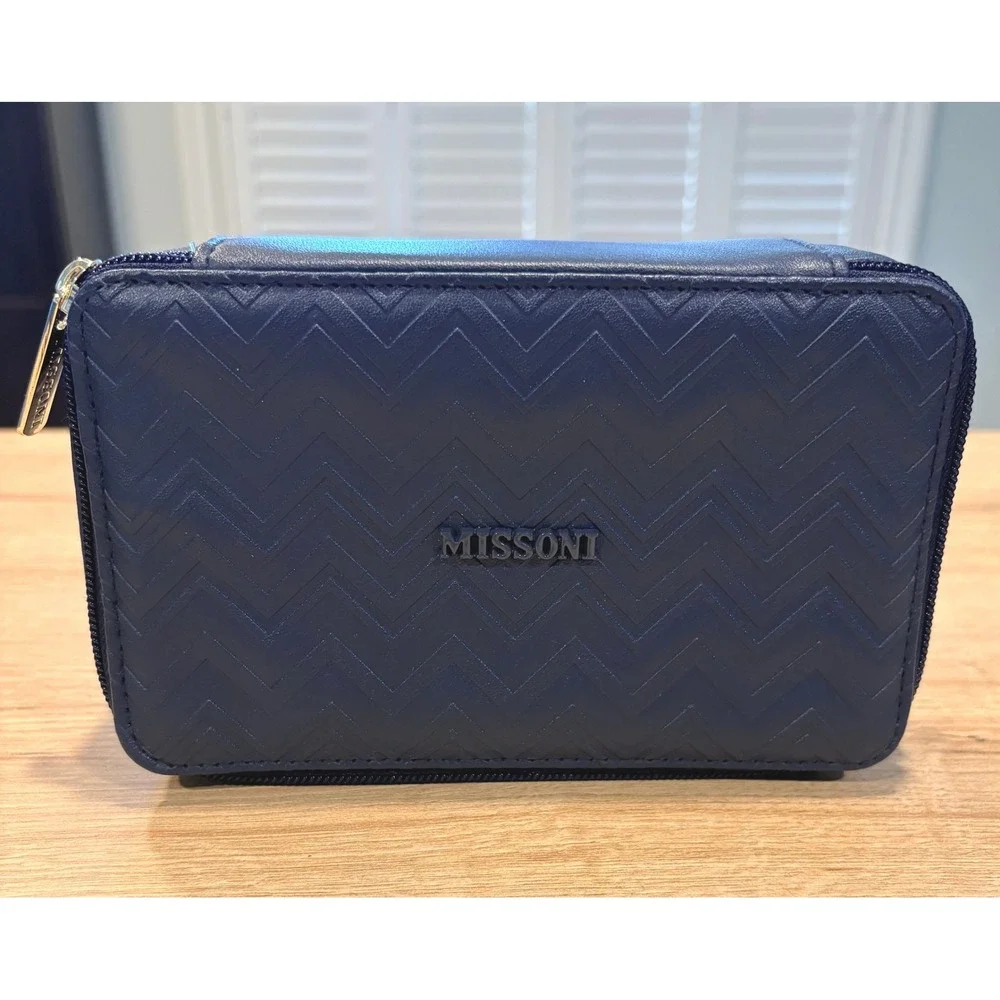 Missoni Navy Blue Zigzag Embossed Travel Amenity Kit Pouch with Eye Mask & Socks